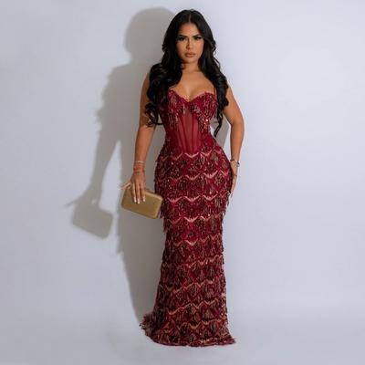 Women's Sequin Party Long Dress Fashion Halter Wrap Hip A-line Dress