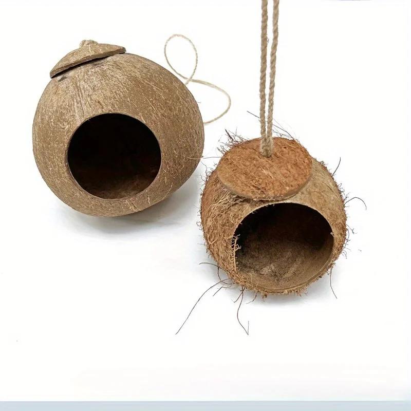 1Pc Natural Coconut Shell Bird Nest House with Hanging Lanyard for Pet Parrot Budgie Unique Hand-Made Birdhouse Toys