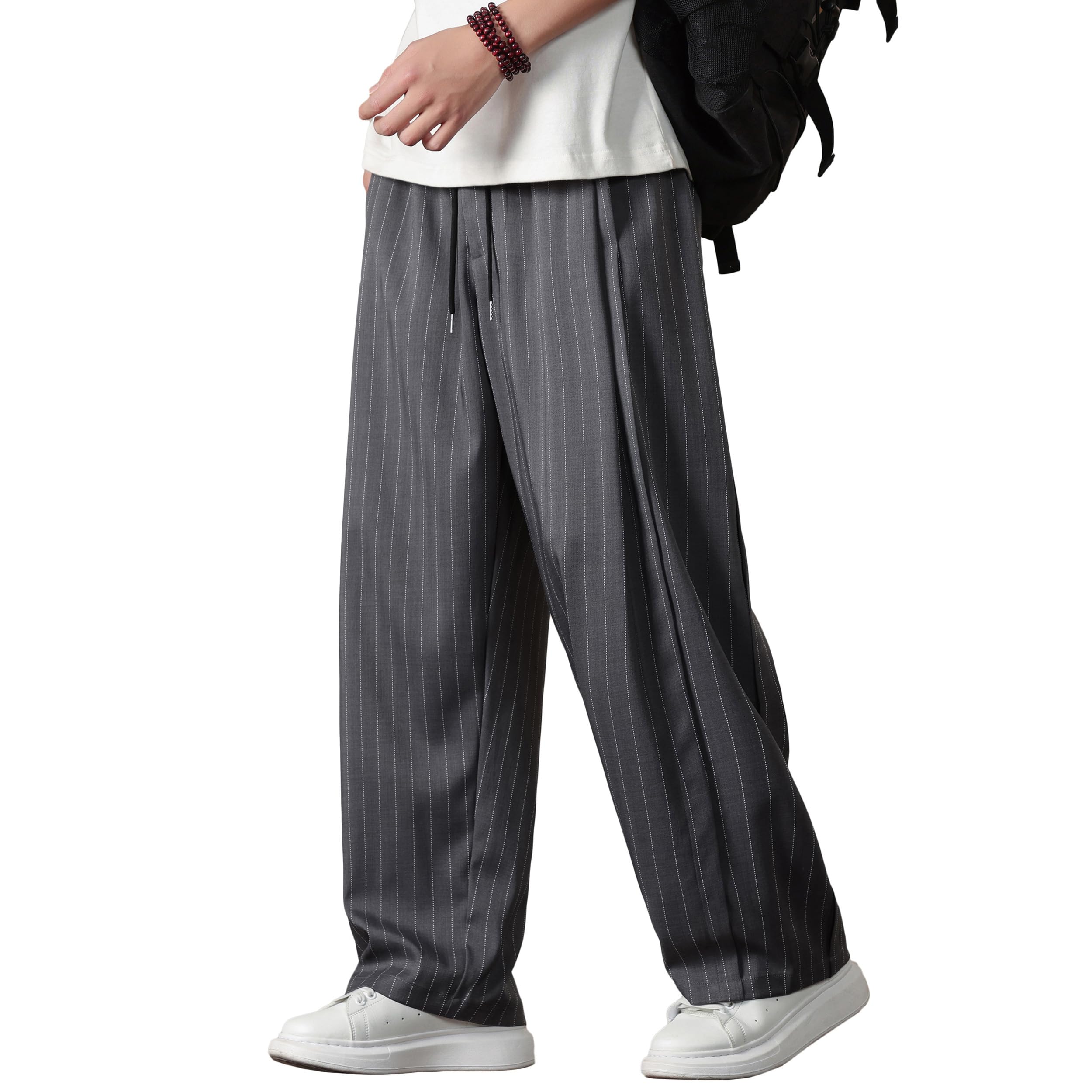 

W Wonyo Pinstripe Cool Stretch Easy Popular Thin Gaucho Cool Summer Plus Sizes Loose Baggy Office Cool Pants for and Size 2XL Men s Pants, Wide-Leg