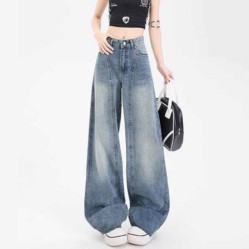 Comfortable High Waist Straight Draped Loose Large Yardage Vintage Aged Wide Leg Jeans Design Sense Trousers Jeans for Women Long Denim Pants