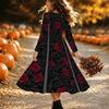 Halloween Women's Red Rose Print Midi Dress A Line Dress Vacation Casual Daily Regular Fit  Long Sleeve V Neck Black  Spring Fall