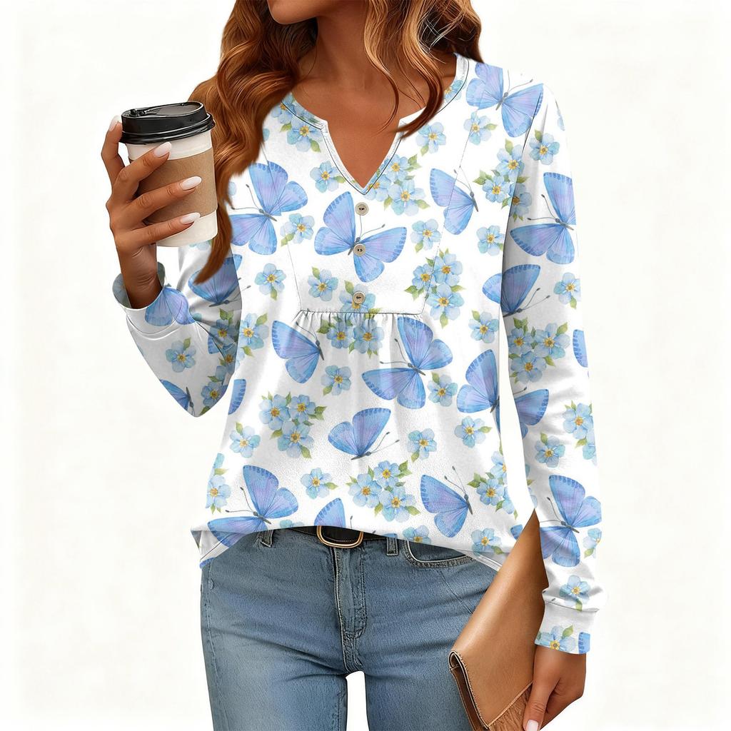 Γυναικείο Χαλαρό, V-λαιμόκοψη, Ρετρό Χρώμα, Μπλοκ με Φλοράλ Σχέδιο, Μακρυμάνικο Πουλόβερ T-shirt