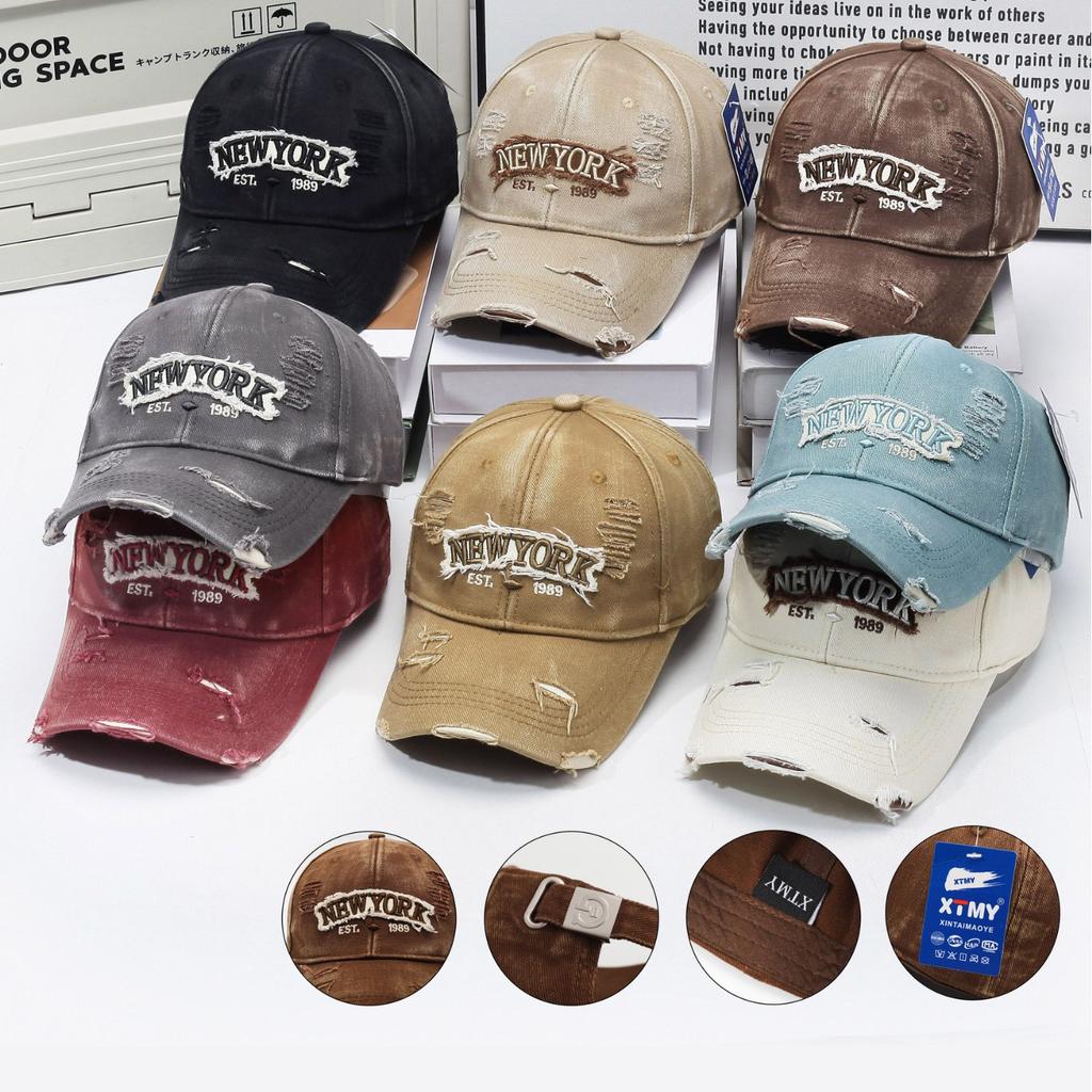 Letter New York Broken Hole Baseball Cap Washed Cotton Adjustable Embroidery Baseball Cap Sunscreen Hats For Man Women Fashion