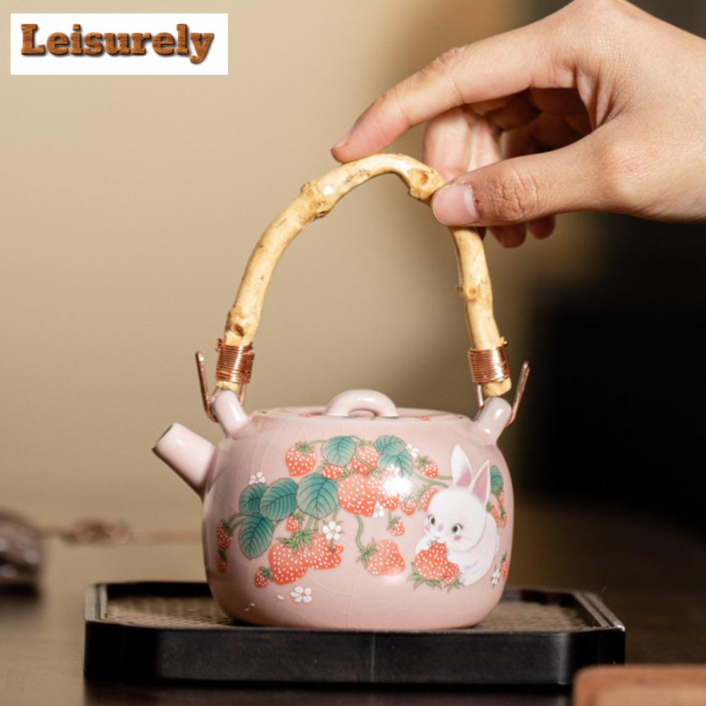 230ml Creative Pink Ru Kiln Lifting Beam Teapot Elegant Strawberry Rabbit Pot Tea Brewing Kettle with Infuser Chinese Tea Set