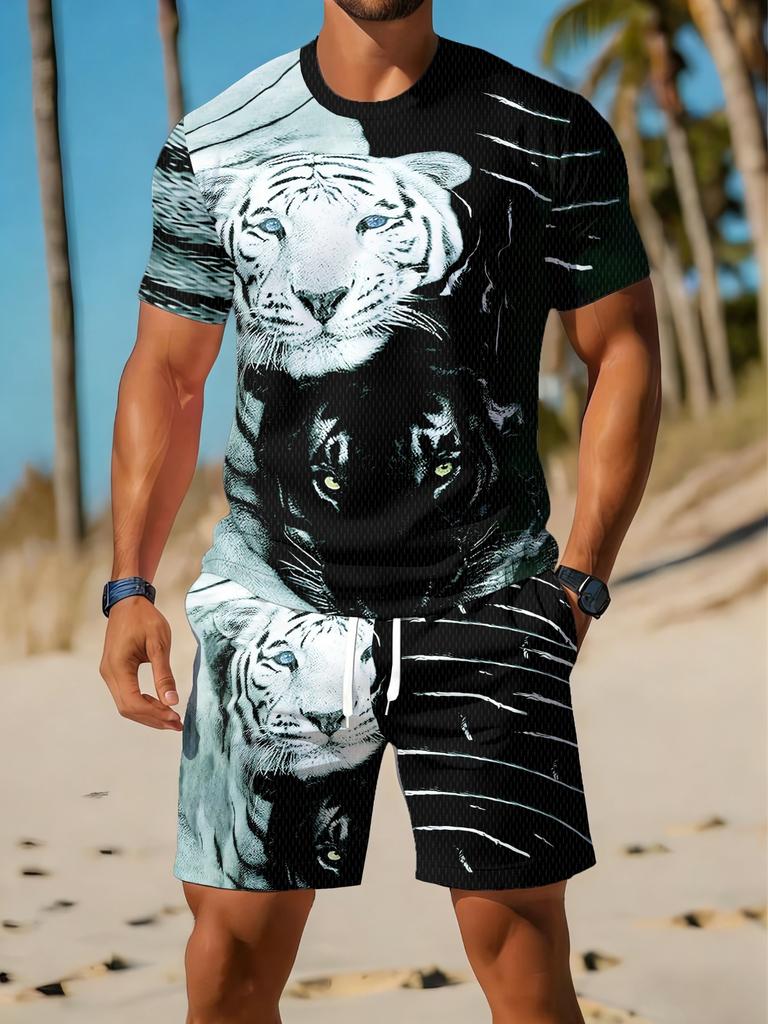 Herren Sommer Freizeit Sportbekleidungsset mit atmungsaktivem Rundhals-T-Shirt und Shorts mit Digitaldruck