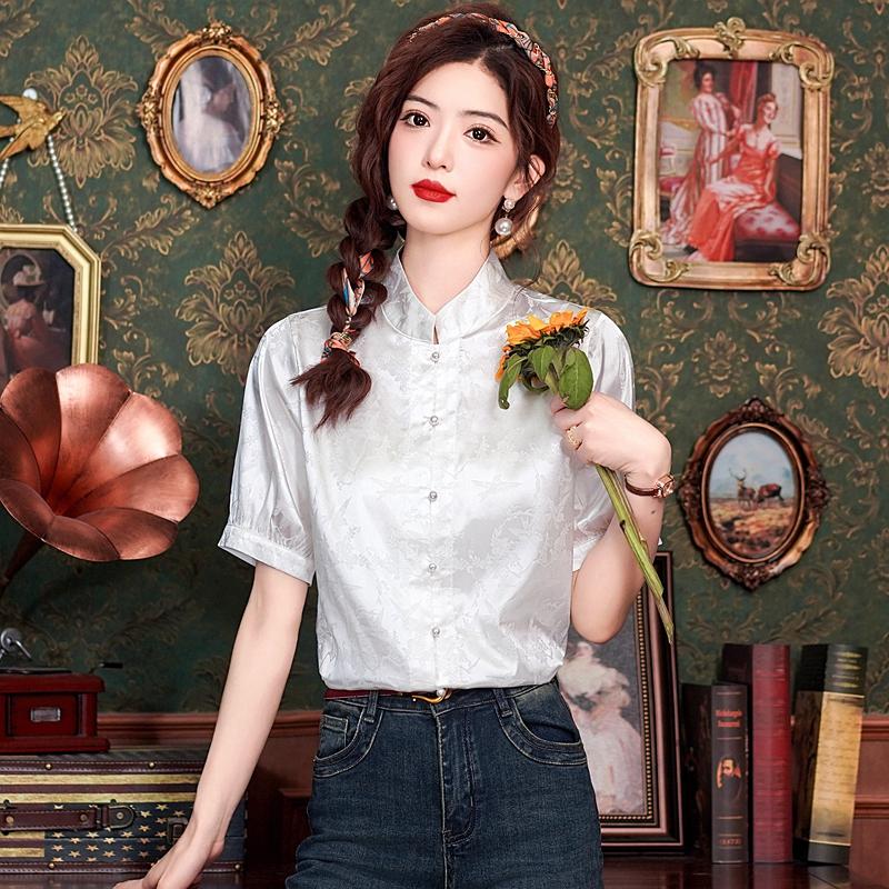 Fashion New Summer Chinese Style Short Sleeve Stand Collar White Chiffon Blouse Shirt Women Tops J377