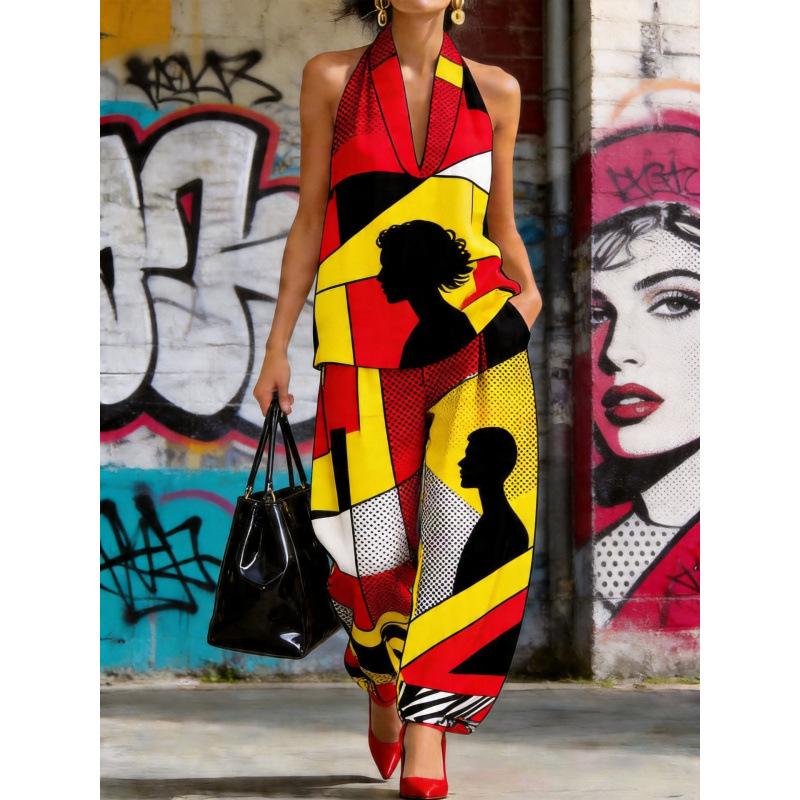 1116 set European and American women's clothing printed neck V-neck sleeveless casual pants set
