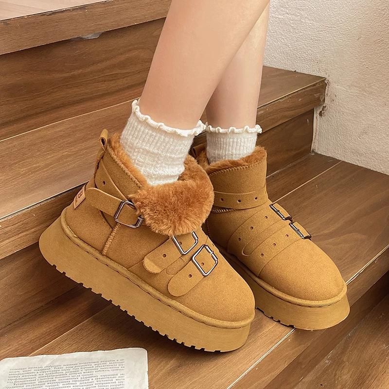 Fashion Fashion Suede Women Ankle Snow Boots Winter Pearl Belt Buckle Designer Short Plush Warm 2025 Trend Cozy Women Shoes Botas Mujer