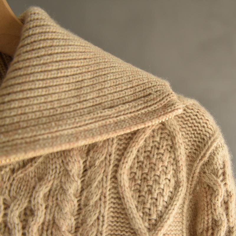 Cashmere Lapel Zipper Cardigan for Women - Autumn/Winter, Thick, Loose Fit, Slimming, Short, Gentle Style.