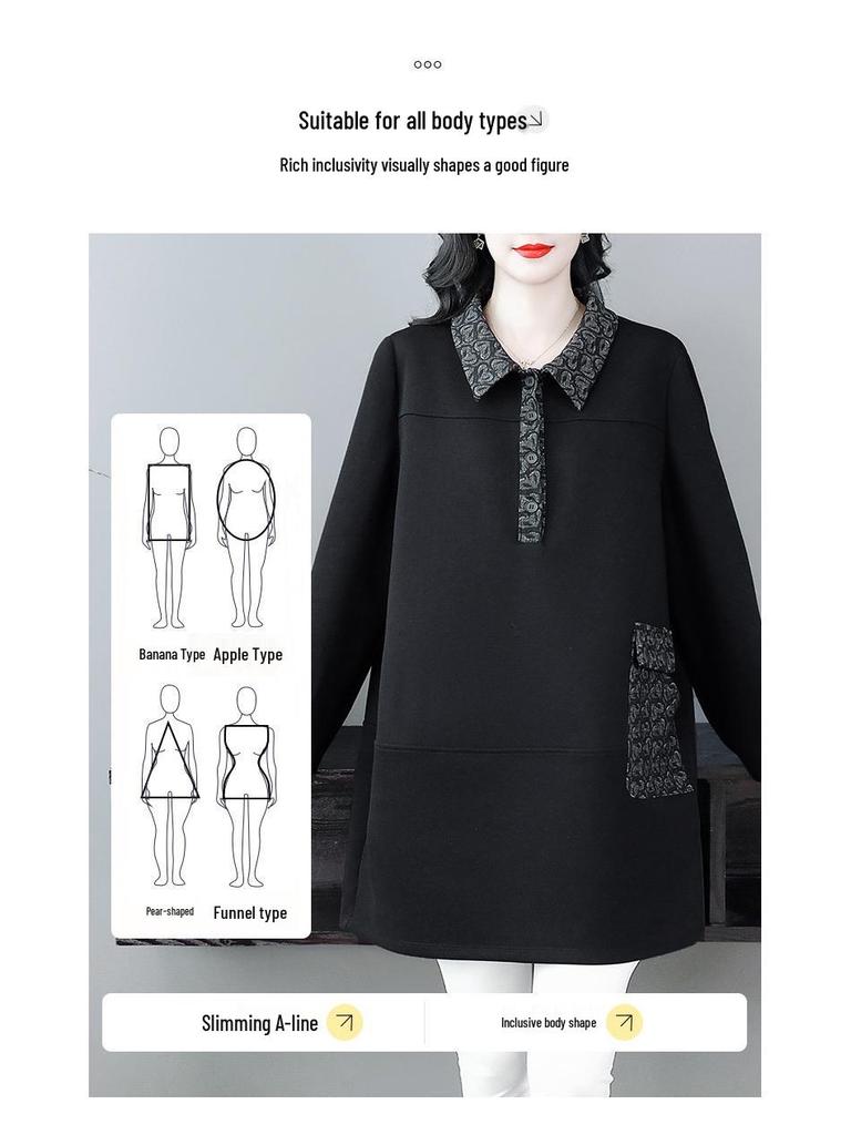 Plus Size Women's POLO Collar Mid-Length Fleece Sweatshirt - Casual Warm Coat for Autumn and Winter