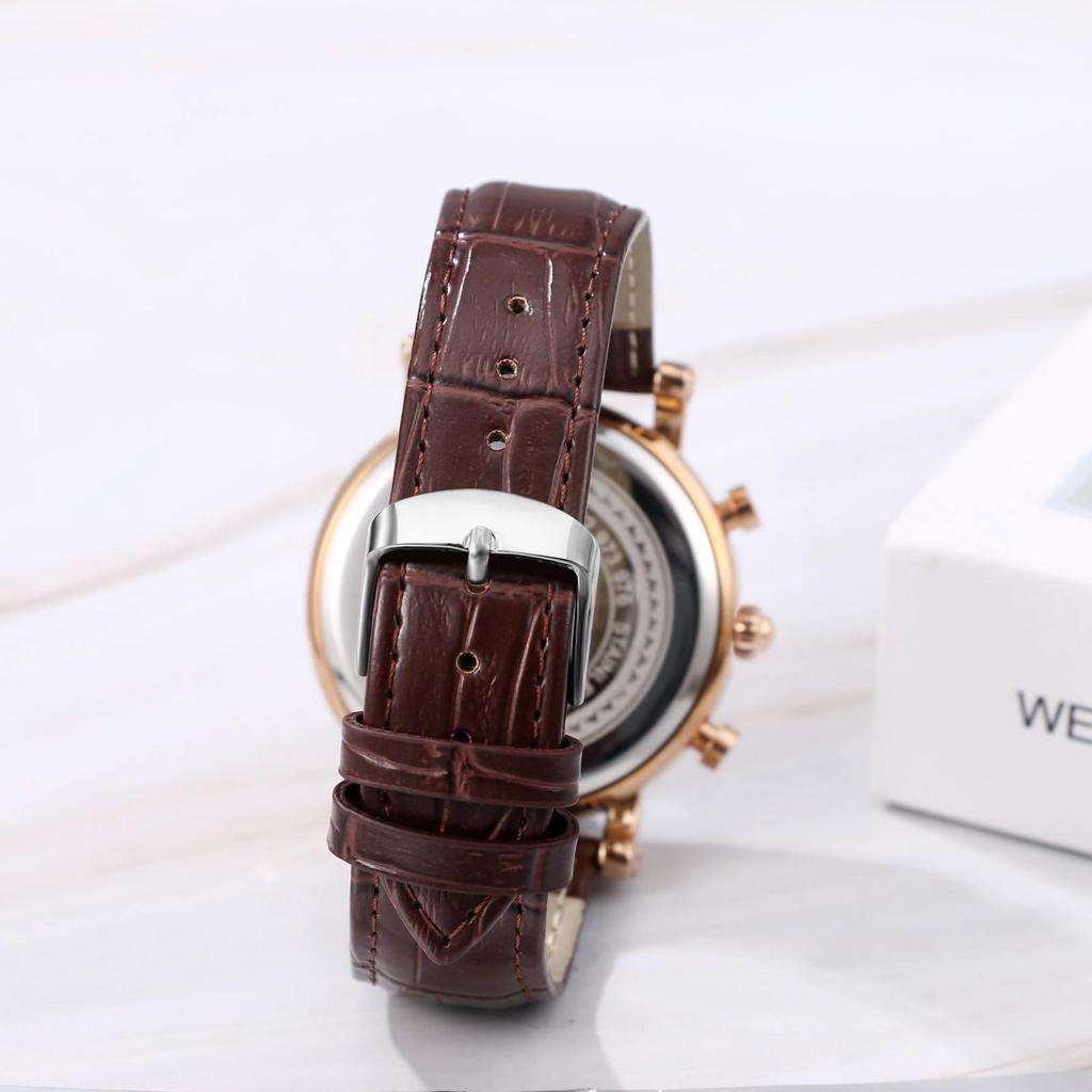 JEWELRYWE Men's Leather Belt Watch 3ATM Water Resistant Brown Roman Numerals Analog Luminous Calendar Quartz Fashion Gift