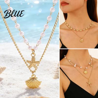 Layered Necklace Double Layer Shell Pendant Lightweight Hypoallergenic Women Faux