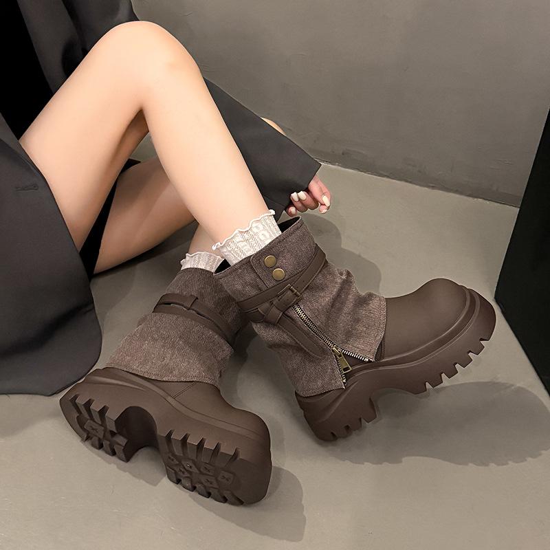 Retro British style thick-soled Martin boots women's autumn new small man taller and thinner thick-heeled knight boots