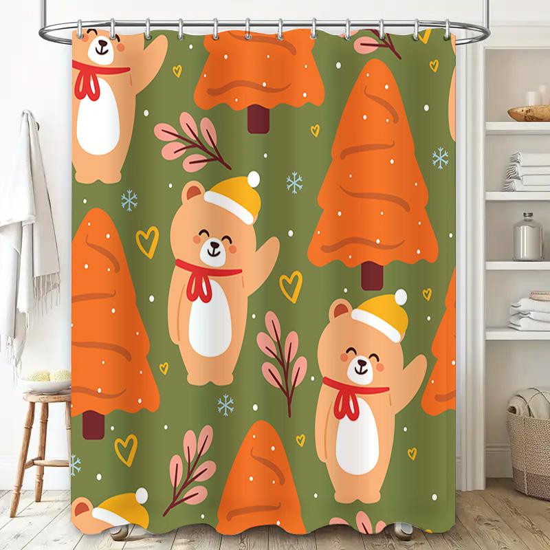 Whimsical Christmas Tree Bears Shower Curtain Set For Bathroom Decor Green Orange Plaid Fabric With Cute Cartoon Print