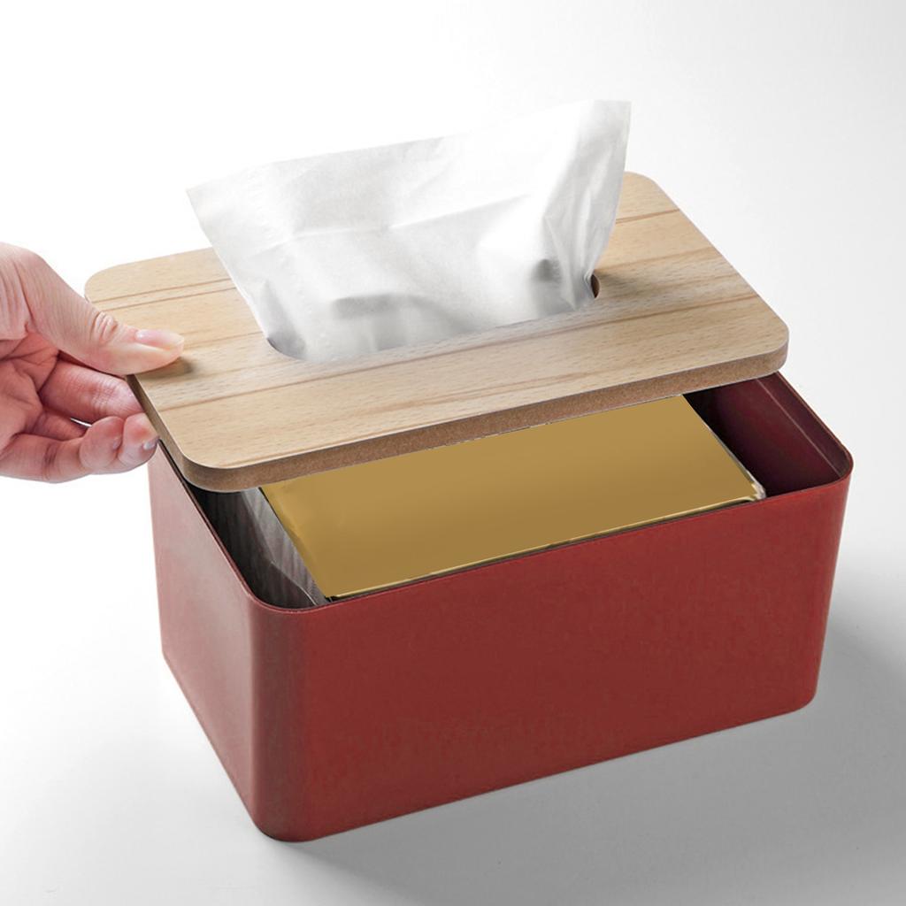 Desktop Tissue Box Rectangular Plastic Tissue   Box Cover with Wooden Lid for Home