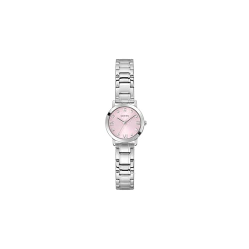 

Guess Watches Women s 28mm Analog Stainless Steel Watch with Silver Bracelet, Pink Dial, Diamond Indexes, Officially Imported