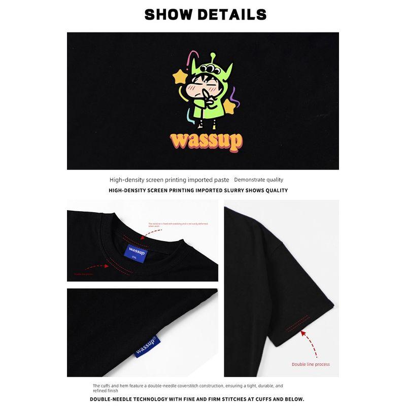 Wassup Cartoon Xiaoxin Round Neck T-Shirt for Men and Women, Summer Heavyweight National Trend Couple Tee Short-Sleeved Casual Top