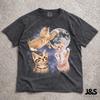 T-shirt Grafiche Retro Luna con Tre Gatti, T-shirt Vintage Meme Gatto Luna, Amanti dei Gatti, Divertente Maglietta Gatto, T-shirt Oversize Lavata, Maglietta Meme Strana