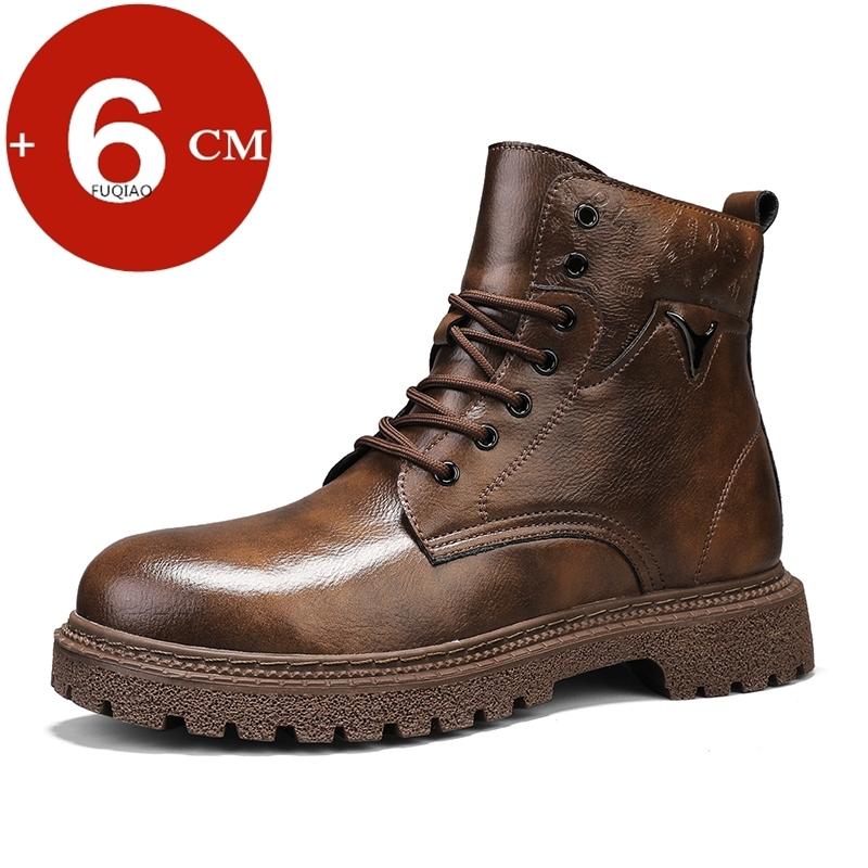 Botas Masculinas Aumentadoras de Altura Invisíveis de 6cm Couro Outdoor Outono Inverno Sapatos Quentes Antiderrapantes Confortáveis Botas de Cano Curto com Salto Interno