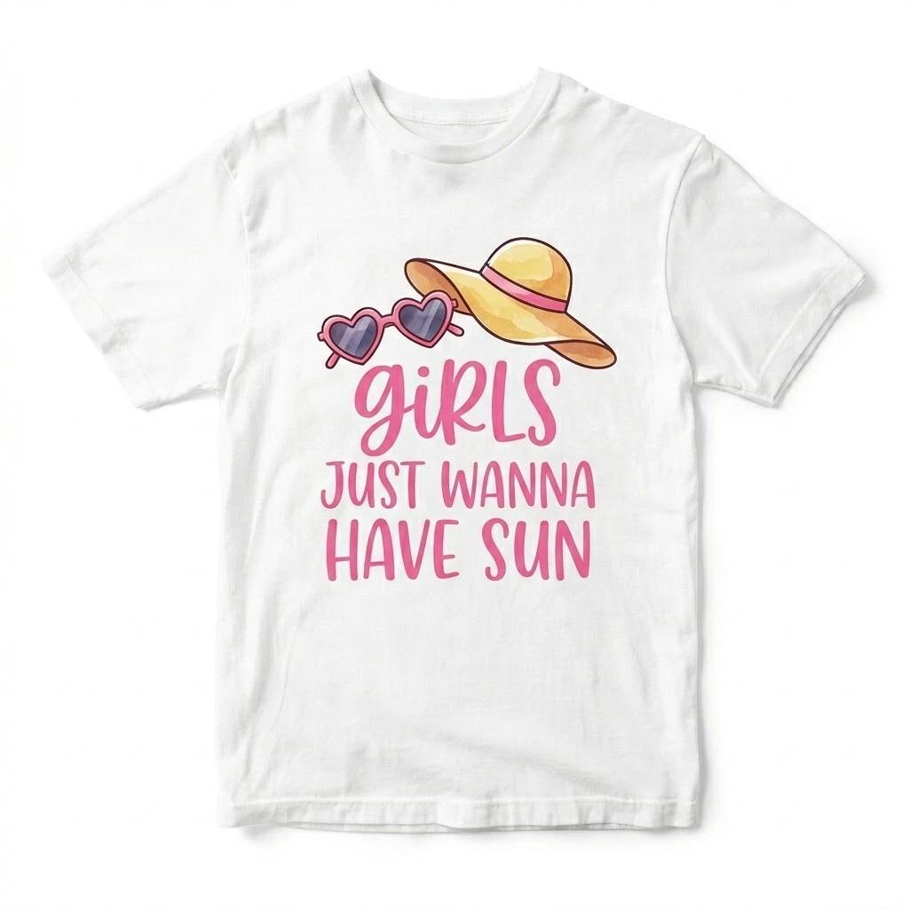 Girls Just Wanna Have Sun T-Shirt - Funny Summer Beach Vacation Tee for Women M