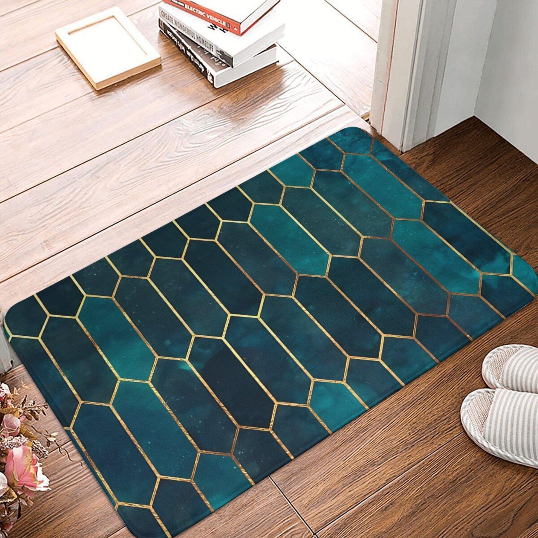 

1pc Deep Teal & Blue Hexagonal Golden Pattern Bath Mat - Machine Washable Tech Fabric with Non-Slip Rubber Backing, Irregular Sh 40x60cm