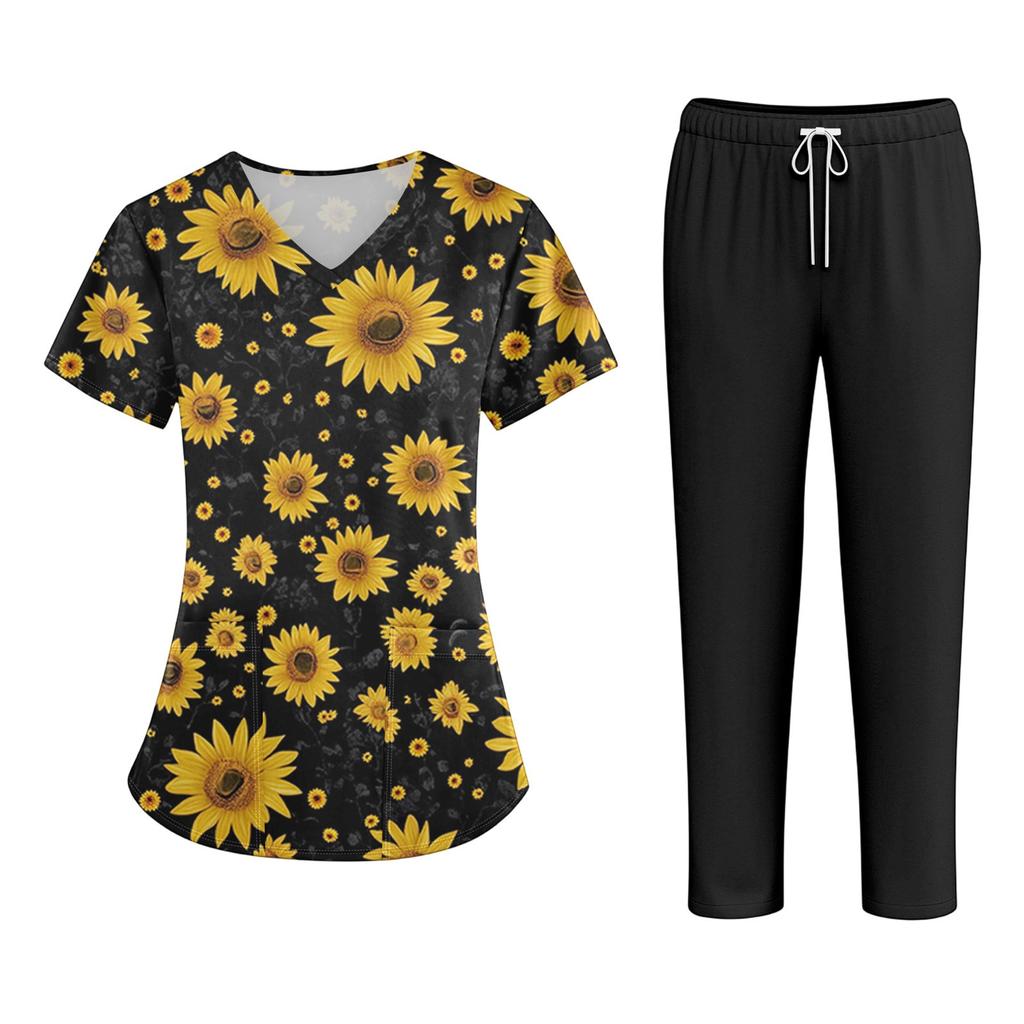 Plus SizePrinted Scrub Working Uniform Tops For Women's Cross V-Neck Halloween Print Short Sleeve Fun T-Shirts Workwear Tee With Pockets