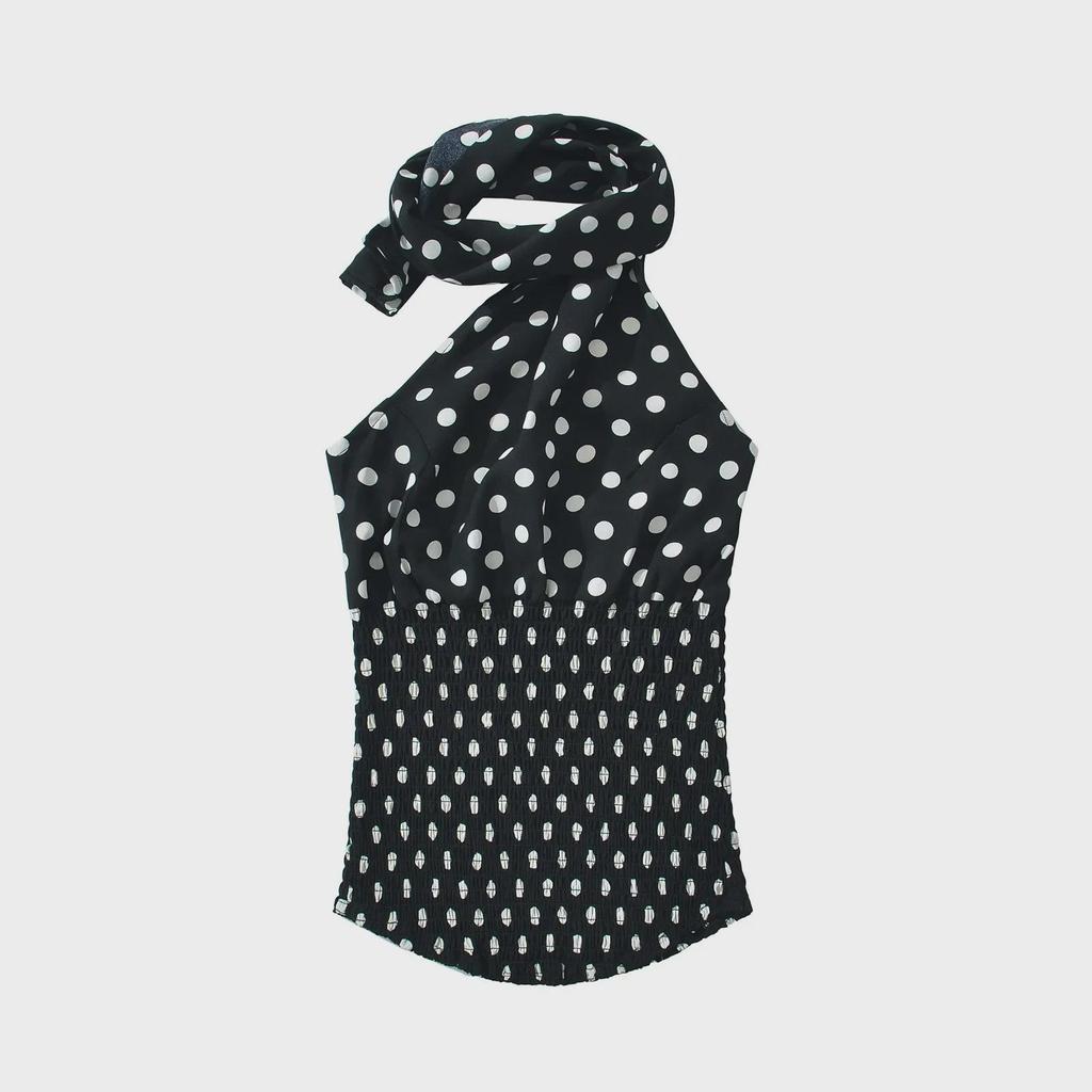 2025 Retro Polka Dot Neckholder-Top + A-Linien-Minirock mit Schnürung und niedriger Taille