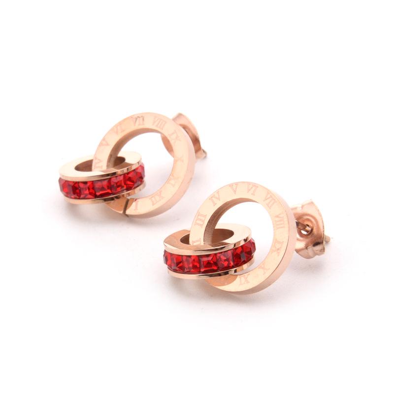 Roman Numeral Double Ring Titanium Stud Earrings for Women - Stainless Steel, Colorfast, High-End Style