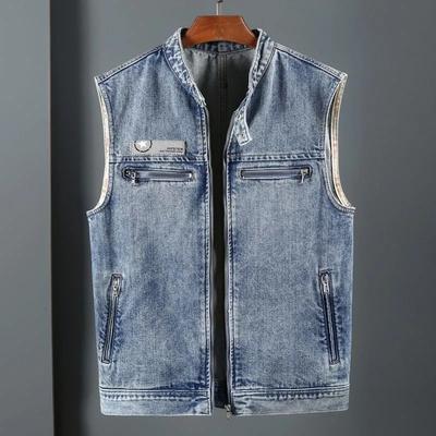 Colete Jeans Masculino Bonito Solto Primavera e Verão Sem Bolsos Gola Juvenil Zíper Jaqueta de Vestir