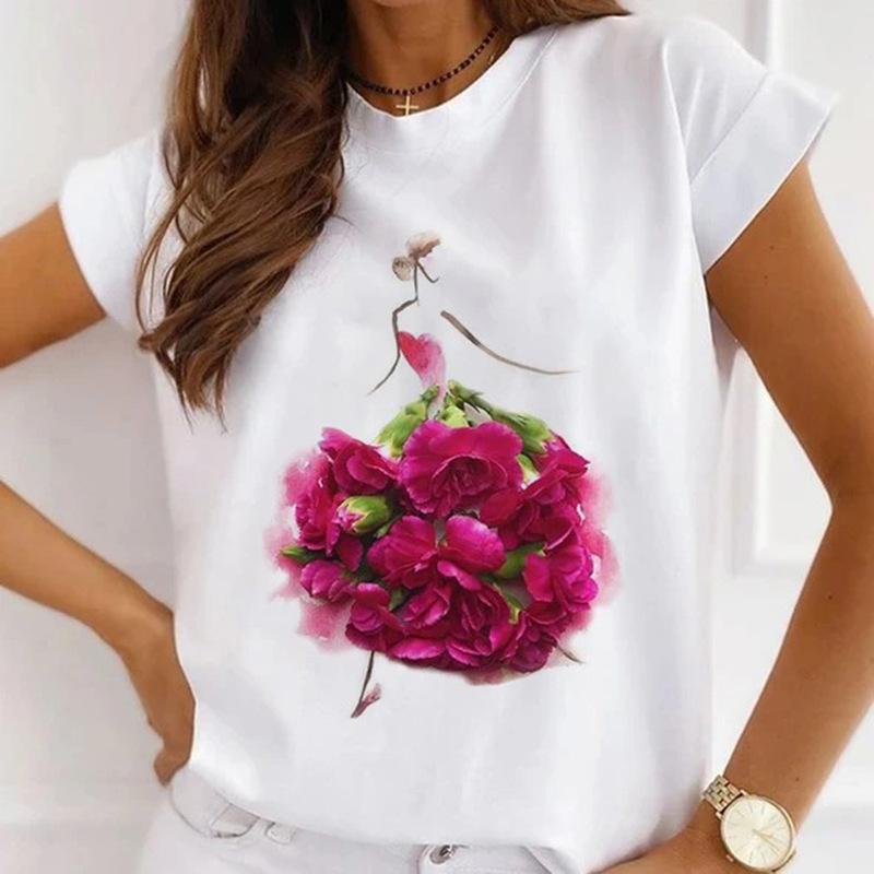 Módní kreativní 3D Rose Flower Grafika Dámské Tričko Letní halenka 90S Volný Trička s krátkým rukávem Bílý výstřih do O Dámské topy Oblečení