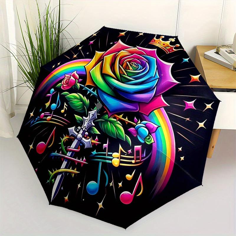 

1pc Rainbow Rose with Crown and Music Notes Umbrella with Plastic Handle,Suitable for All Seasons Home Travel Outdoor UmbrellaB1909