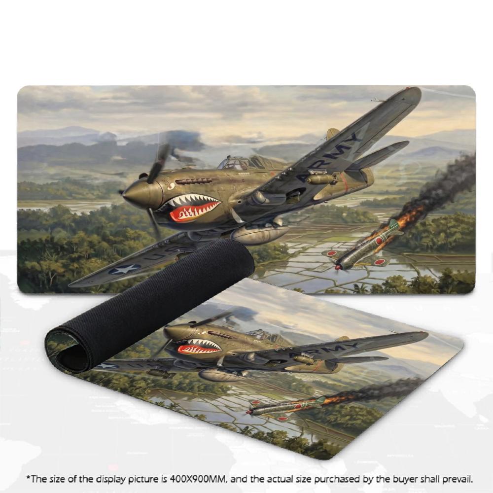 XXL Gaming-Mauspad Vintage Militär-Kampfflugzeug Anime-Mädchen Kampfszene Rutschfeste Gummi-Tastatur-Schreibtischmatte für PC-Gamer Tisch