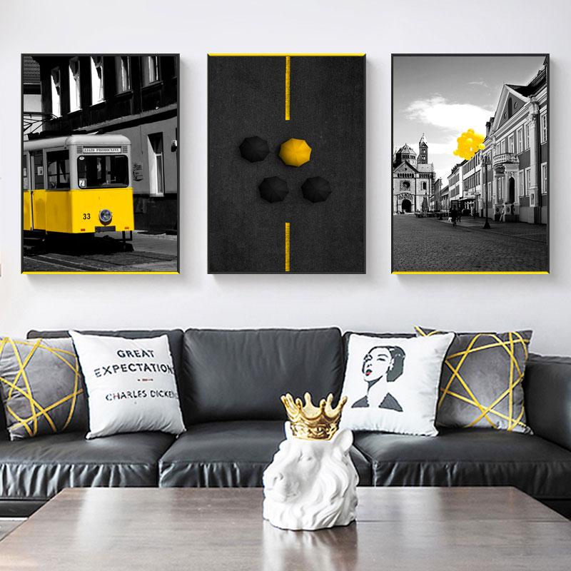 Canvas Painting,Historic Building Retro Yellow Car,Vintage Style,Office Home Decor Picture Painting, Festival Gift