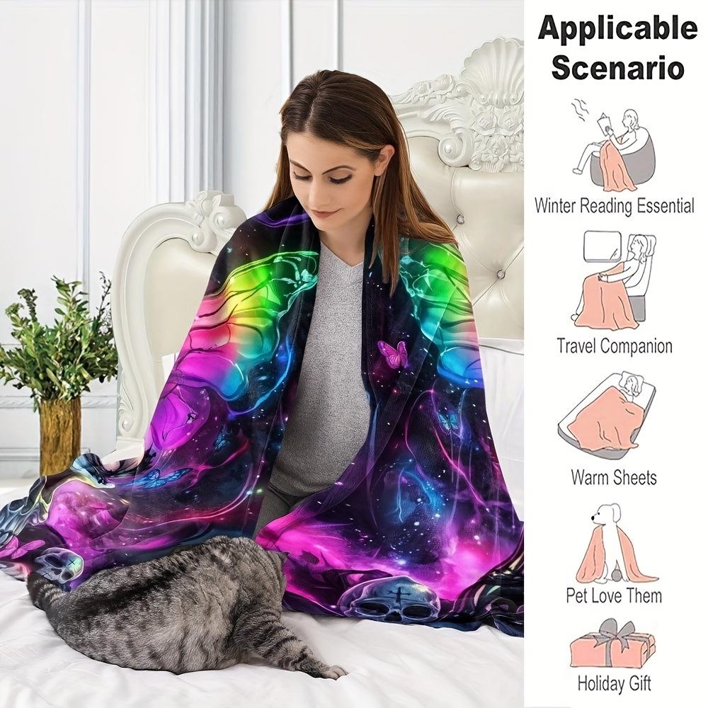 1pc Fluffy Blanket, Fantasy Butterfly Queen, Skull Print Throw Blanket, Fantasy Boho Comfortable Soft Bedding Bed Blanket, King Queen Style