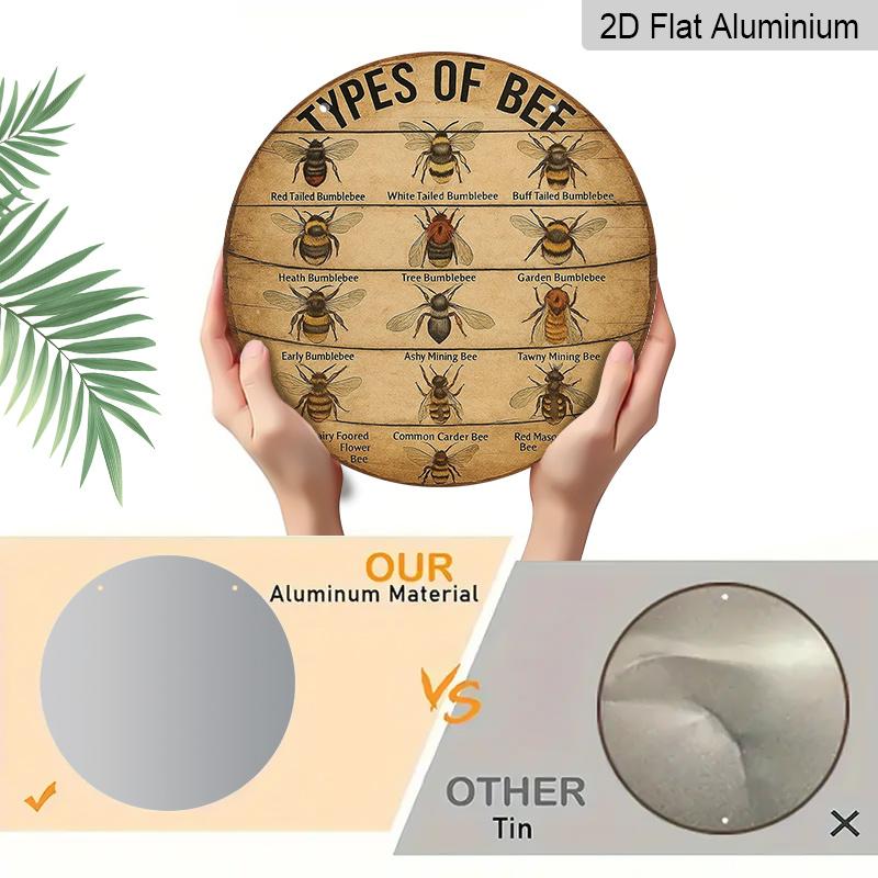 2D Flat, 1pc Vintage Bee Species Chart Aluminum Wall Sign - Round Beekeeper' Knowledge Plaque, Bee Lover Gift, Educational Bee Identification Chart