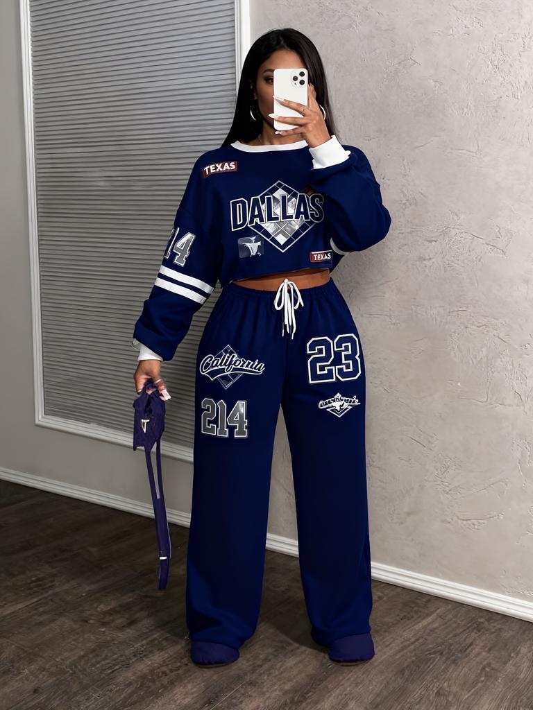 Retro americano, tuta sportiva con lettere per donna, maniche a spalla, maglione corto + pantaloni della tuta, set casual due pezzi.