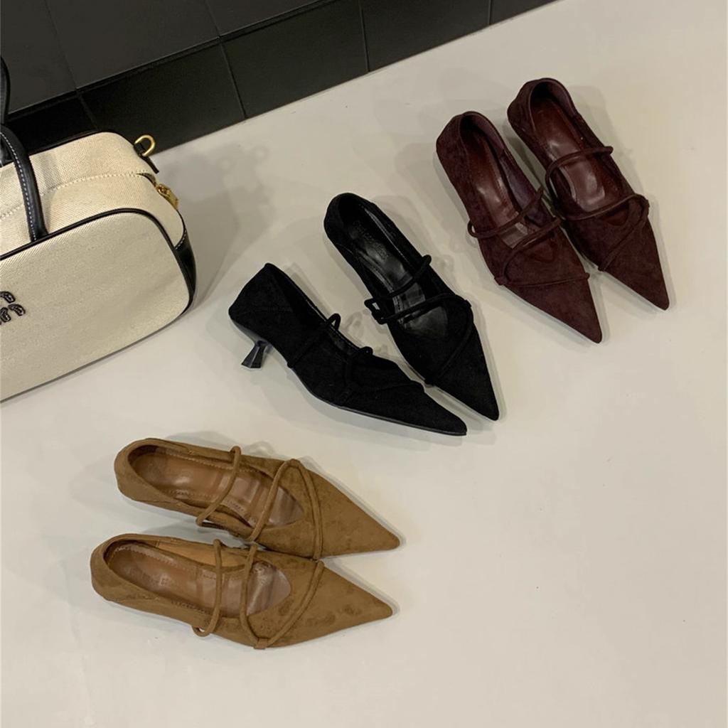 Pointed small low-heeled high heels 2025 autumn new temperament suede fashion versatile retro thin commuter shoes