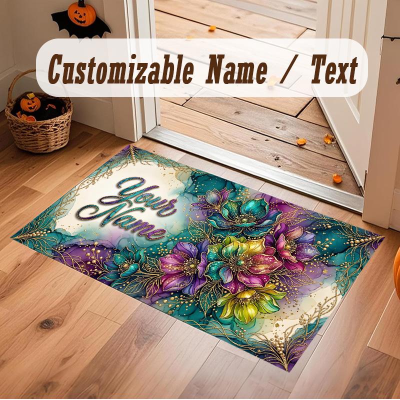 Floral Garden Theme Soft Crystal Velvet Rug Custom Name & Text Print Non Slip Floor Rug for Bedroom Living Room