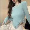 Pure To Irregular Fringe Careful Machine Leakage Collarbone Long Sleeve Bottom Knit Women Unique Chic Small Top