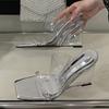 Fashion Liyke PVC Transparent Slippers For Women Summer Fashion Square Toe Clear Perspex Wedges Shoes High Heels Sandal Female Mules