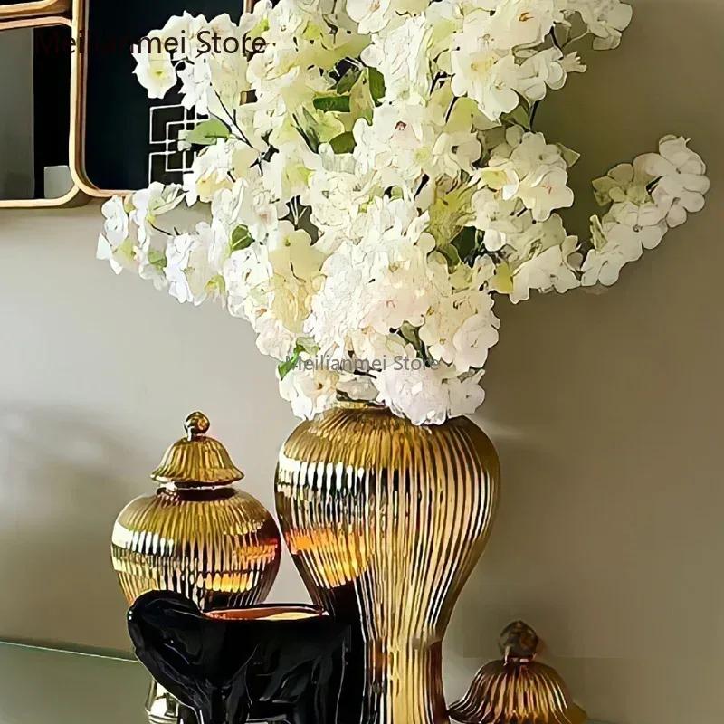 Ceramic Plated Gold Striped Vase Universal Storage Jar Desktop Ornament General Jar Hotel Home Dried Flower Vase Ginger Jar Gift