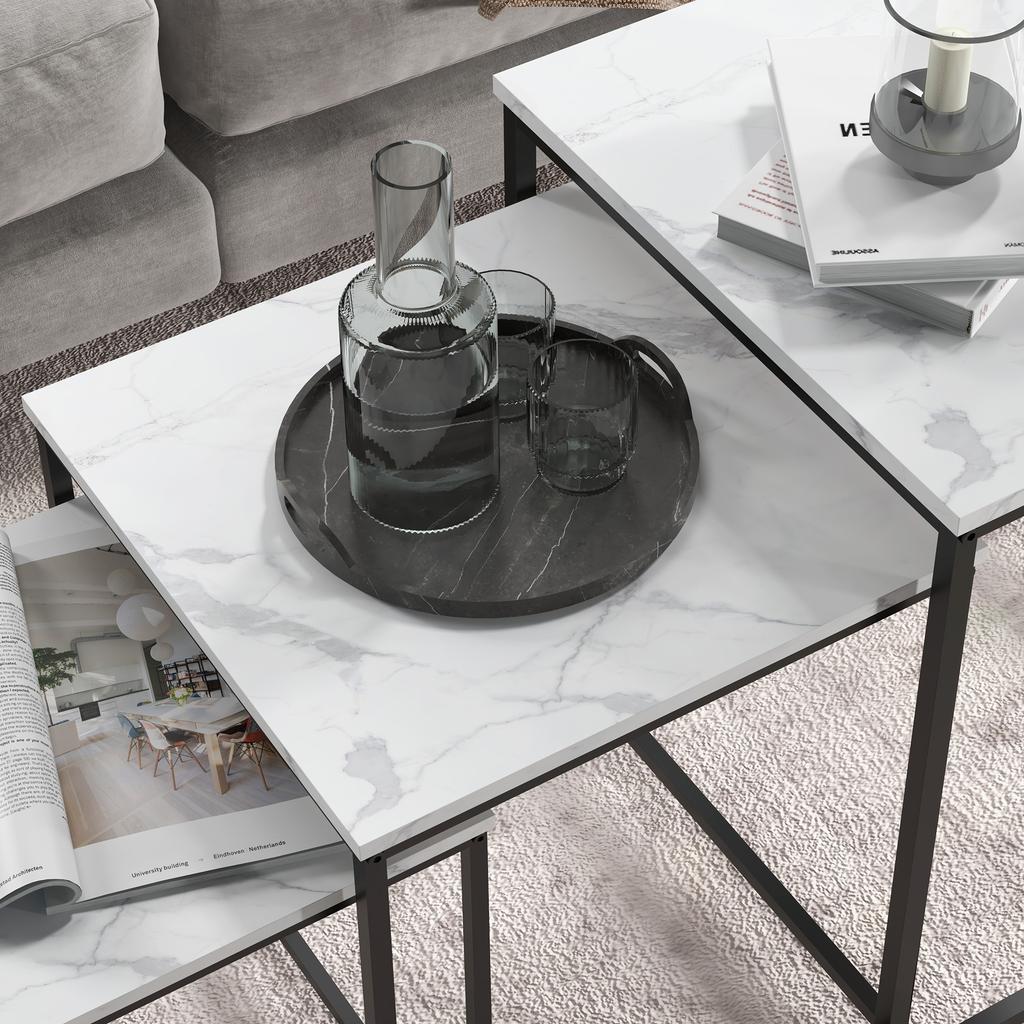 Nesting Side Tables, 3-Piece, Marble Effect, Steel Frame, White