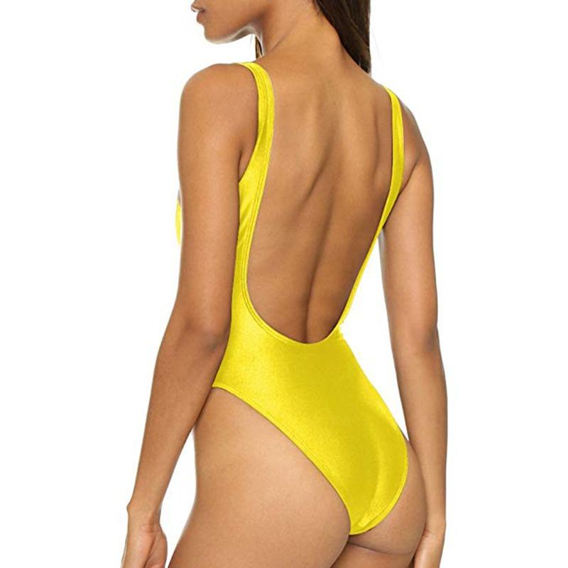 Evropský a Americký Jednobarevný Dámský Jednodílný Plavky s Hlubokým V Výstřihem Bikiny Úzké Sexy