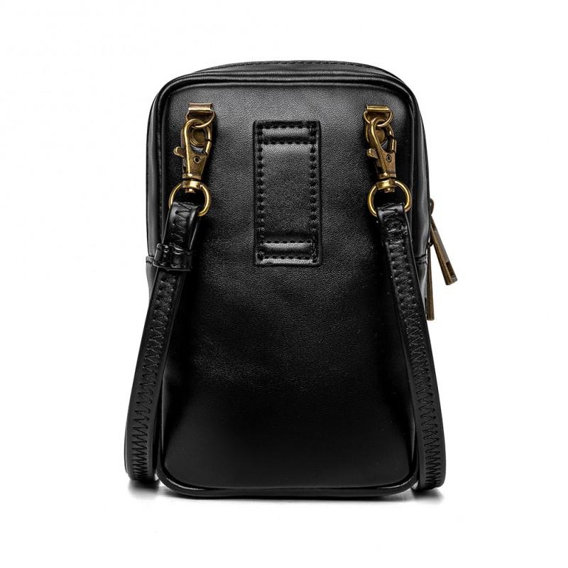 Womens Small Square Shoulder Bag With Skull Studs Outdoor Phone Pouch Black PU Leather