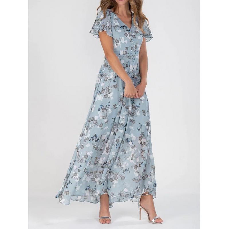 New beach pendulum long dress chiffon floral short-sleeved ruffle V-neck fashionable waist dress