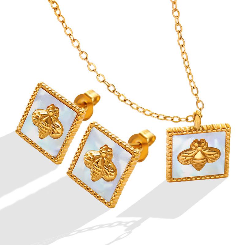 Titanium Steel Gold-Plated Accessories Square Little Bee White Sea Shell Inlaid Necklace Earrings Jewelry Set