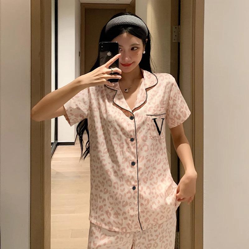 High-Value Girls Loungewear Spring Style Pink Leopard Print Short-Sleeved Trousers Pajamas