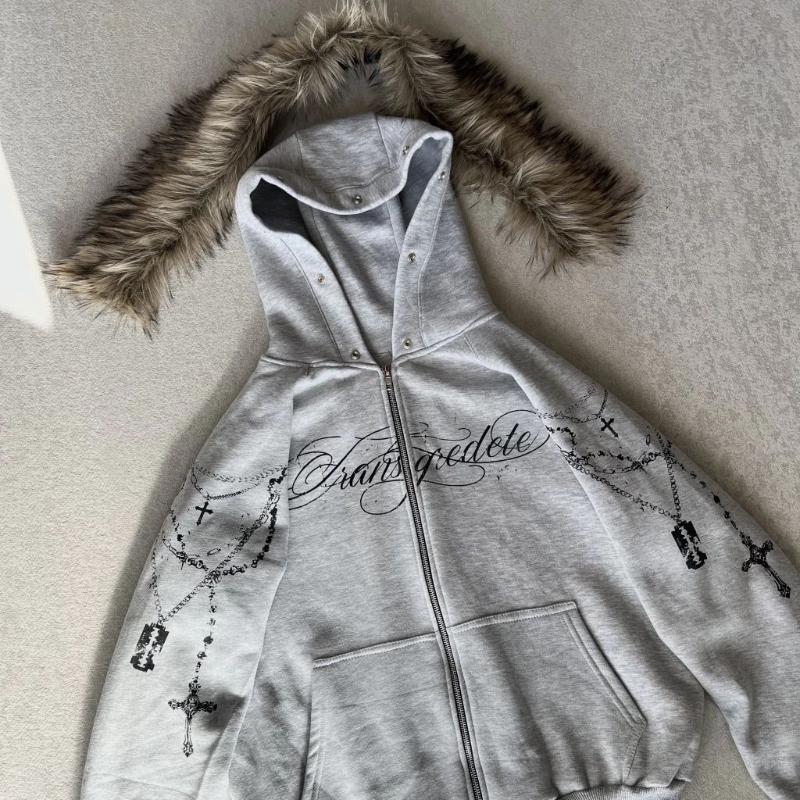 Evropská a americká podzimní a zimní volná mikina se zipem a potiskem písmen, s odnímatelným kožešinovým límcem, high street