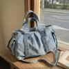 Vintage Denim Shoulder Bag Large Capacity Multi-pocket Travel Storage Tote Women Wide Shoulder Strap Rivet Design Crossbody Bag
