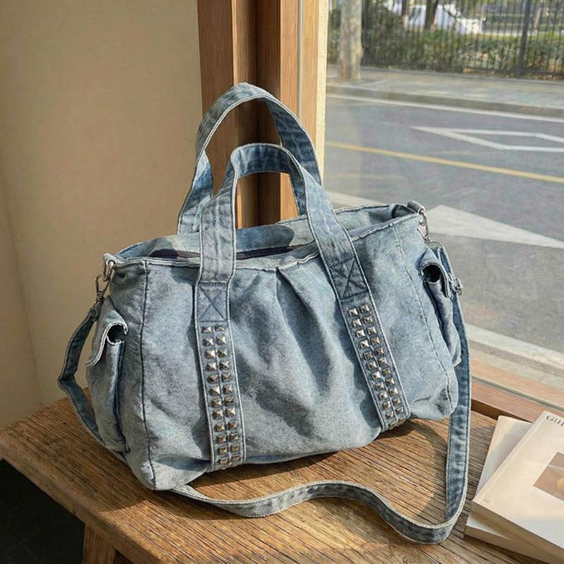 Vintage Denim Shoulder Bag Large Capacity Multi-pocket Travel Storage Tote Women Wide Shoulder Strap Rivet Design Crossbody Bag